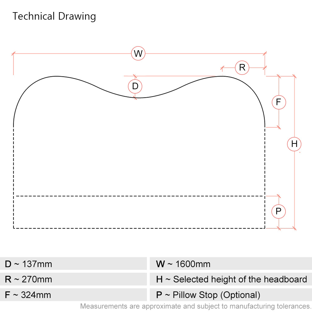 Cliveden | 1600mm European King size | Double-Humped | Shaped Upholstered Headboard