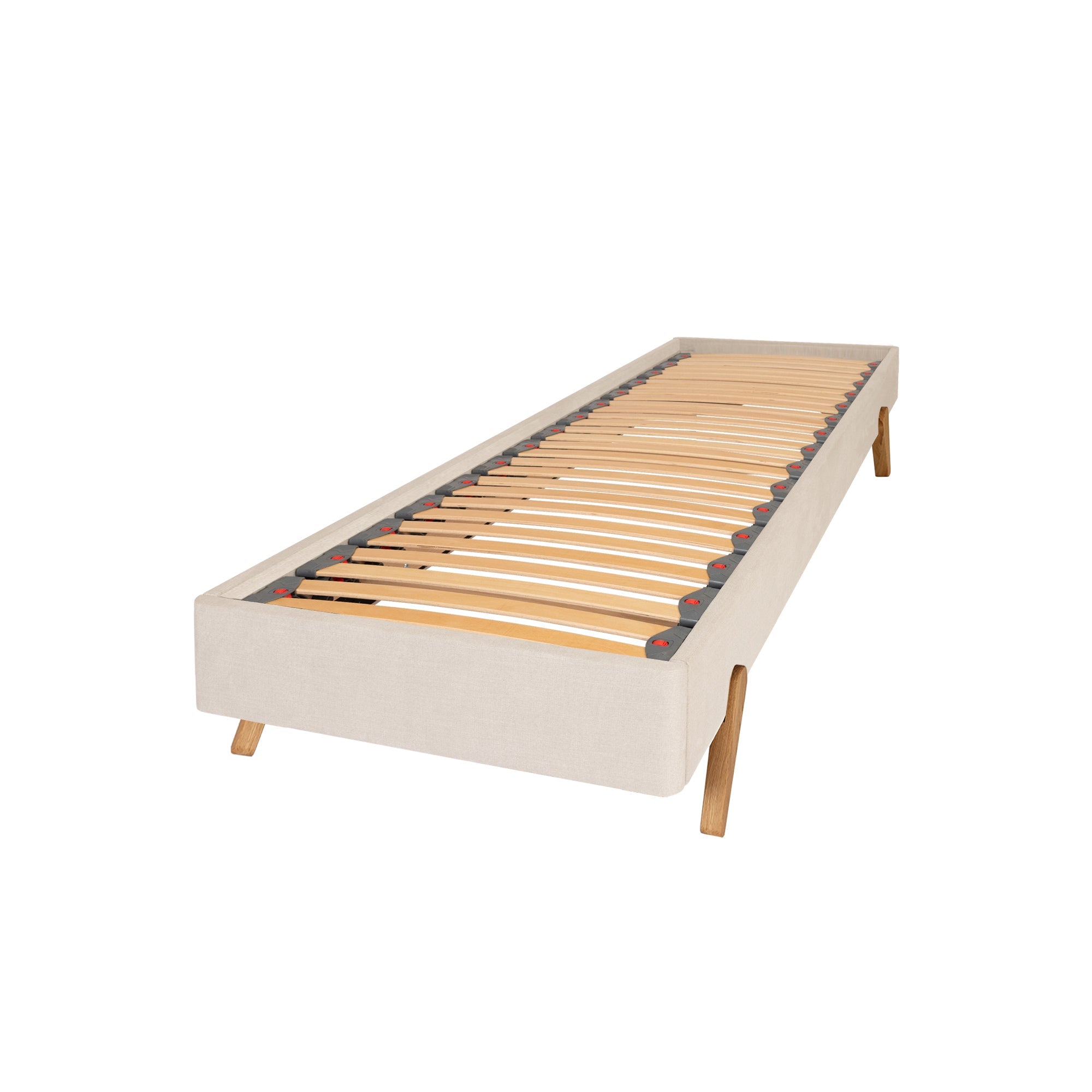 Chatsworth – Upholstered Bed Frame with External Oak Legs – 90cm European Single